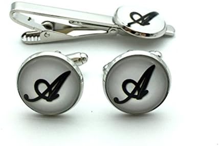 Mens' Personalized Letter Set of Cufflinks and Tie Clip Silver Suit Initial Cuff Link with Giftbox White A