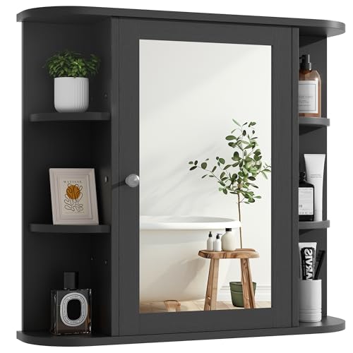 Shintenchi Bathroom Wall Cabinet with Mirror, Mounted Medicine Cabinets with 4 Internal and 6 Open Shelves, Mirrored Door Over the Toilet Storage, Red by Shintenchi - Used condition - CA$75.32