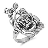 STR-0317 Stainless Steel Rose with Leaves band ring