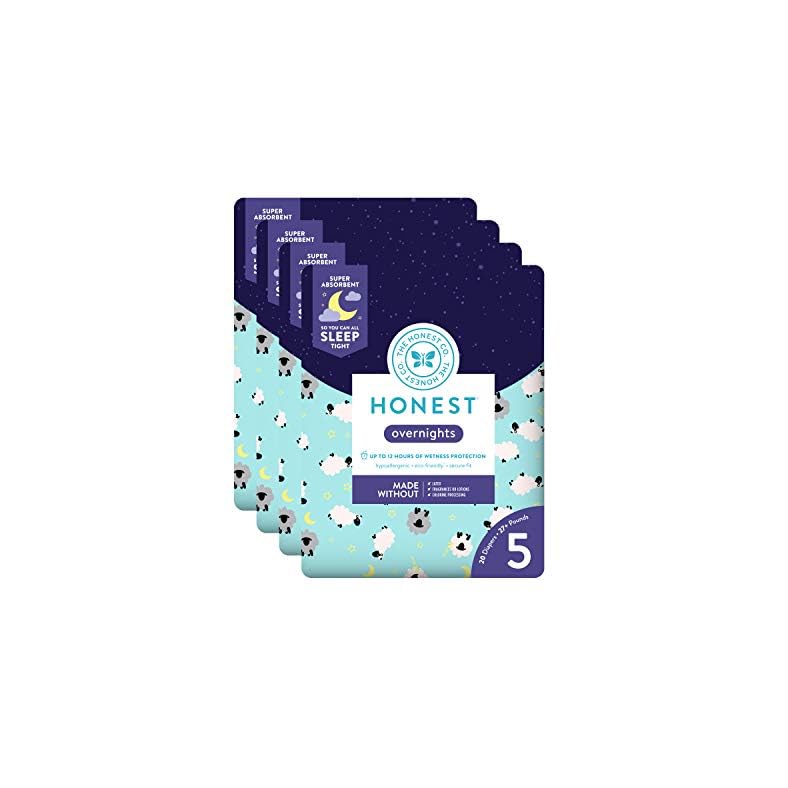 The Honest Company Overnight Diapers, Sleepy Sheep, Size 5, 80 Count, Pack of 4