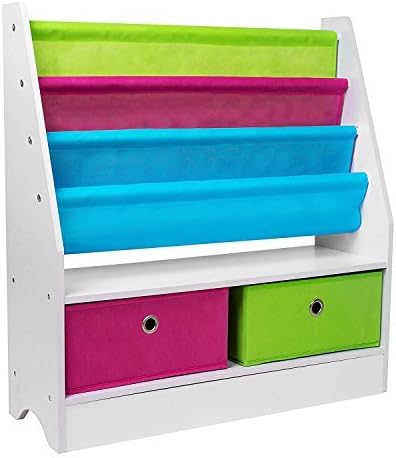 TopHomer Sling Bookshelf Kids Canvas Book Storage Organizer Rack Shelf with 2 Toy Storage Bins for Baby Nursery Room Bedroom
