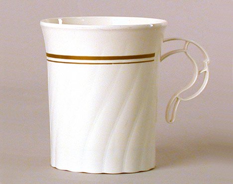 Masterpiece Plastic 8oz Coffee Cups, Ivory w/Gold Rim 8 Per Pack