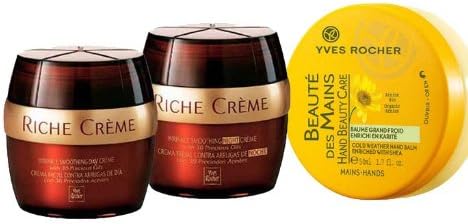Yves Rocher FRANCE 3-piece Skincare Set: Riche Creme Wrinkle Smoothing Day and Night Creme with 30 Precious Oils, 1.7 oz. each (+50 years) - Yves Rocher FRANCE Riche Creme Wrinkle Smoothing Day Cream with 30 Precious Oils, 1.7 fl oz (+50 years) & Beaute Mains ( Beautiful Hands Cream with Organic Arnica enriched with Shea), 50 ml