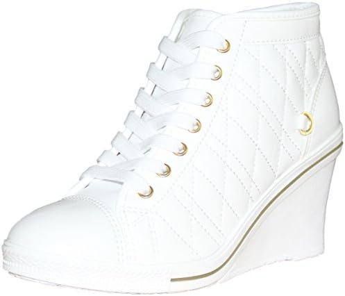 MultiShoe Women's Lace up High Heel Wedge High Top Side Zipper PU Leather Fashion Party Sneakers (7.5 US Women, White)