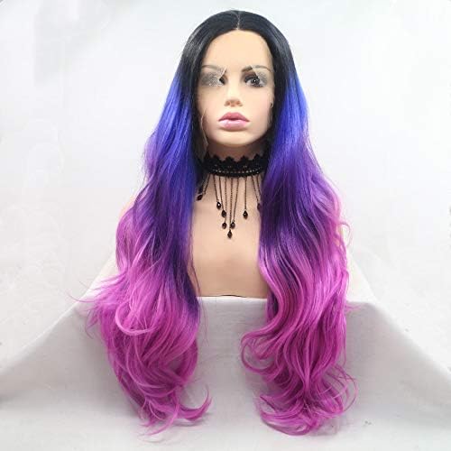 YSZXSXJK Ombre Blue Purple With Dark Root Synthetic Lace Front Wig Fashion Style Lace Front Ombre Wig For Women