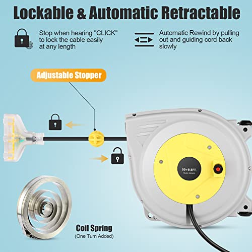 30FT + 9.5FT Retractable Extension Cord Reel, 16 Gauge Power Cord Reel, Ceiling/Wall Mounted Electric Cord Reel with Grounded Triple Tap Outlet + 10A Circuit Breaker + UL Listed