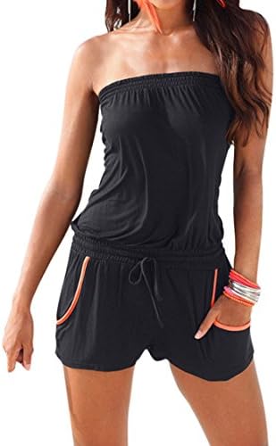 LOV ANNY Women's Casual Strapless Elastic Waist Short Shorts Beachwear Jumpsuis Black S