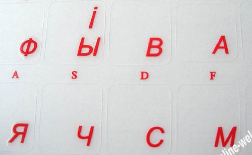 UKRAINIAN-RUSSIAN KEYBOARD STICKER RED LETTERS ON TRANSPARENT BACKGROUND