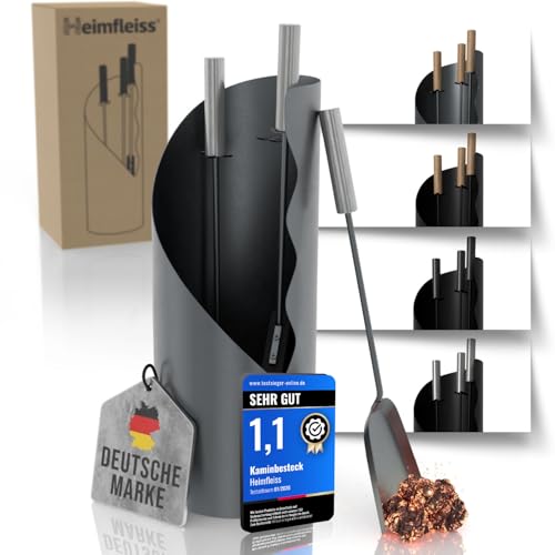 Heimfleiss® Kaminbesteck Modern Grau inkl. Schürhaken, Kehrbesen & Schaufel