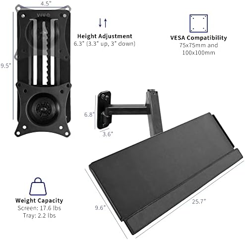 MOUNT-VWKB1 Support mural pour écran simple avec bras pneumatique et plateau de clavier réglable en hauteur, VESA max 100 x 100 mm, noir