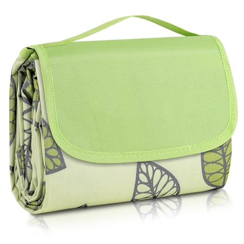 ADRIMER Large Picnic Blanket 77" x 79", Outdoor Waterproof Picnic Mat, Portable Beach Blanket for Family, Beach, Park, Camping, Hiking, Green Leaf