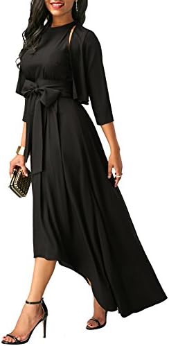 HIUPEB Women's Belted Asymmetric Hem High Low Maxi Dress and Cardigan Black M
