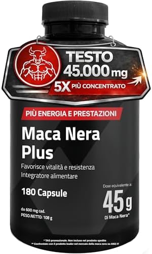 Maca Peruviana Plus – Maca Nera 45.000 mg Equivalenti (100:1), Arginina, Taurina, Vitamina B6 – Testosterone Uomo – 180 Capsule – Vegano, Senza Glutine né Lattosio – Pre workout, Energia e Muscoli — foto 1 di 8