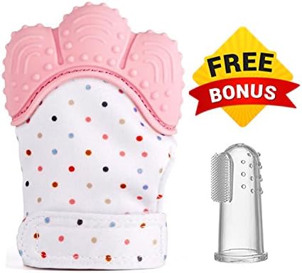 Crownzz Baby Teething Mitten with Adjustable Secure Strap & Free Toothbrush-Best Mitt to Protect Babies Hand from Saliva and Reduce Teething Pain-Self-Soothing Silicone Hand Glove (Pink)