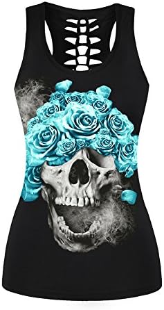 Ensasa Women's Fashion Skull Flower Death Camisole Halter Top Sleeveless T-shirt (S-XXL) (Plus Size XX-Large, Blue Rose Skull)