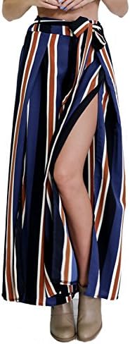 Sexy Color Stripes Side Slits Palazzo Pants Fashion Wide Leg Pants in Summer