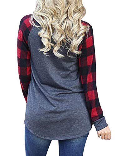 Women Raglan Plaid Sleeve Casual Tee Shirt Cotton Color Block Tunic Blouse and Tops