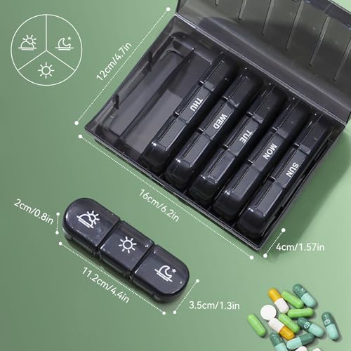 Organizador de Pastillero Semanal, Pastillero para 7 Día de Píldoras Portátil, tres veces al día, protección de privacidad negra Estuche de pastillas AM PM para medicamentos, vitaminas, aceites de pescado, suplementos