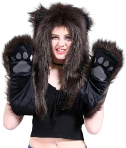 Amazon.com: Faux Fur Animal Hat Plush Warm 3-in-1 Hat Scarf  display picture 1