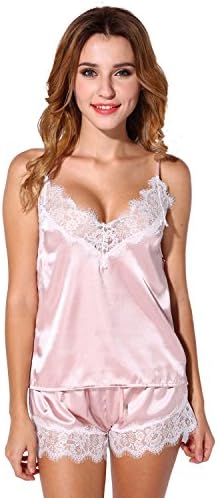 YQM Satin Pajama Set for Women Sleepwear Sleeveless Lace Tops and Shorts Pj (XX-Large, Pink)