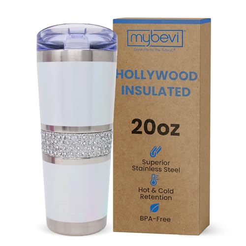 MyBevi Hollywood Insulated Tumbler – 20oz Stainless Steel Travel Cup with Leak-Resistant Lid | BPA-Free, Reusable, Fits Cup Holders, Hot & Cold for Gym, Work, or Commute – White Pearl