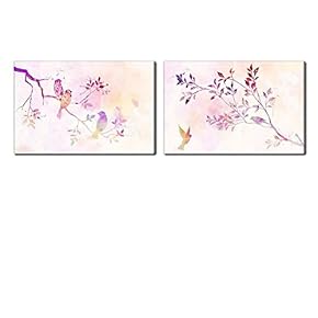 Canvas Wall Art - Watercolor Style Painting of Pink Birds and Tree Branches - Giclee Print Gallery Wrap Modern Home Art Ready to Hang - 16"x24" x 2 Panels