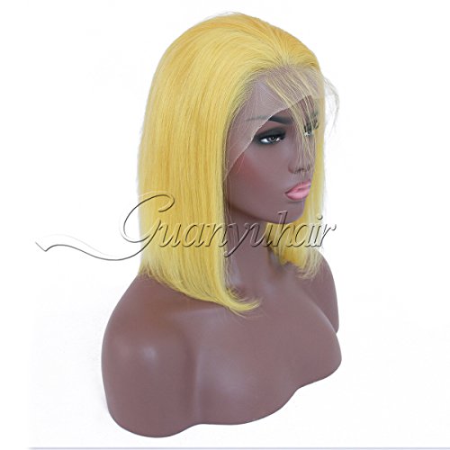 Guanyuhair Pre-plucked Short Bob Human Hair Lace Front Wigs Glueless Silky Straight 130% Full Density #Yellow Free Part Bob Wigs For Black Women (12 inchesï¼‰