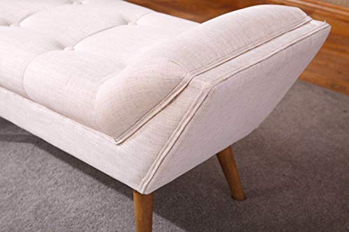 Upholstered Bedroom Bench with Arms, Tufted Fabric Linen Vanity Bench with Rubber Wood Legs, Beige - Thumbnail 3