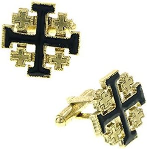 Unisex 14k Gold-Dipped Black Enamel Jerusalem Cross Cuff Links