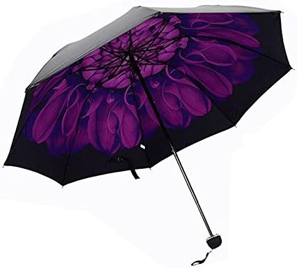 LOHOME Ultralight Sun Umbrella, UV Protection Small Black Parasol 3 Folding Umbrella Great for Sunny and Rainy Day with Flower Contrast Lining (Purple)