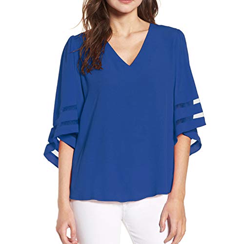 Shy Velvet Women's V Neck 3/4 Bell Sleeve Chiffon Blouse Mesh Panel Loose Top Shirts Blue