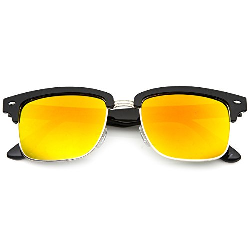 zeroUV - Square Semi Rimless Half Frame w / Flash Color Mirrored Lens Sunglasses (Black-Silver Fire)