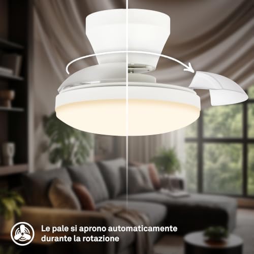 - Ventilatore da soffitto con luce LED, telecomando, motore DC silenzioso con 3 velocità, CCT e luminosità regolabile, pale retrattili, lampadario ventilatore da soffitto, 44 cm, bianco