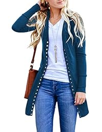 Jersey de manga larga para mujer, con botones de presión, cuello acanalado, algodón