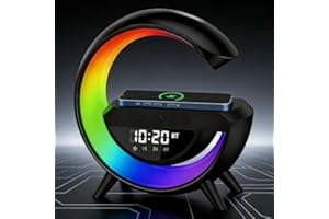 Smart LED Table Lamp, G Shaped LED Wireless Speaker and Charger, 15W Fast Charging Alarm Clock with 13 Lighting Modes, FM Rad