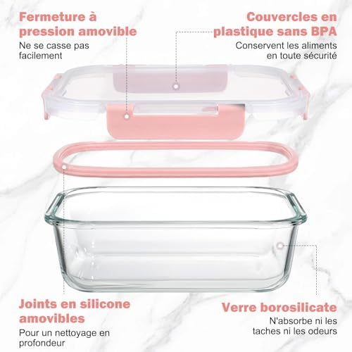 Boite Alimentaire Verre avec Couvercle Hermétique - Lot de 10 Lunch Box Verre Réutilisables, Sans BPA, Compatibles Micro-ondes, Four, Lave-vaisselle, Congélateur, Rose