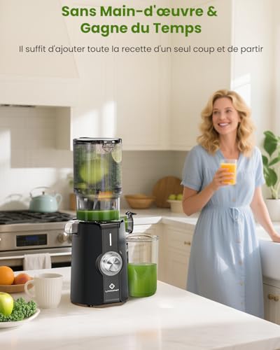 LINKChef Vertical Juicer | Slow Juicer 200W | Wide Mouth 115 mm for Whole Fruit & Vegetable | With Recipe Book, Easy Cleaning, BPA Free, Black