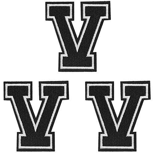 TACVEL 3 Pieces Iron on Letter Patch, Full Embroidery Letter Patch, Iron Alphabet Letter A-Z Iron on Sew on Patches for Clothes, Dress, Hat, Socks, Jeans, DIY Accessories, 3.14inch (Black, V)