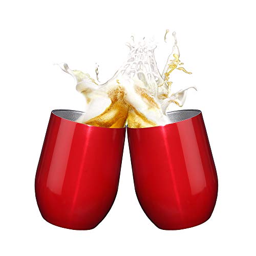 2 Pack 12 oz Wine Tumbler with Lids, Double Wall Vacuum Insulated Stainless Steel Stemless Wine Glass, Travel Coffee Mug Cup for Wine, Drinks, Champagne, Cocktails (Include Straws & Brush) (Red) - Thumbnail 3