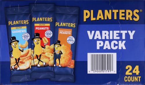 PLANTERS VARIETY PACKS (SALTED CASHEWS, SALTED PEANUTS & HONEY ROASTED PEANUTS), 24 PACKS – INDIVIDUAL BAGS OF ON-THE-GO NUT SNACKS – NO CHOLESTEROL OR TRANS FATS – SOURCE OF FIBER AND HEALTHY FATS