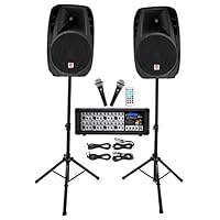 Rockville Package PA System Mixer/Amp+ 15 inch Speakers+Stands+Mics+Bluetooth, 15" (RPG2X15)