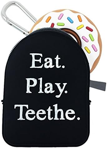 Sill Chews White Donut Teething Toy with Black Tote Bag Teether Holder Pacifier Pod Pocket with Keychain For Moms. Nannies, and Caregivers