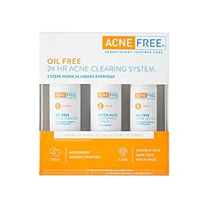 Acne Free 3 Step 24 Hour Acne Treatment Kit - Clearing System w Oil Free Acne Cleanser, Witch Hazel Toner, &amp; Oil Free Acne Lotion - Acne Solution w/ Benzoyl Peroxide for Teens and Adults - Original
