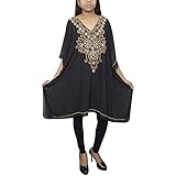 Mogul Interior Women's Short Caftan Dress Black Sequin Georgette Resort Wear One Size