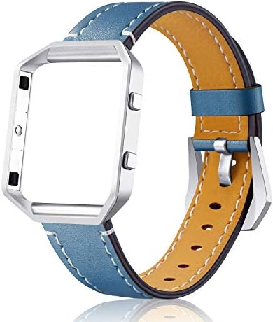 YuStar Compatible with Fitbit Blaze Watch Bands, Genuine Leather Strap Replacement Band with Metal Frame Wristband Women Men Black White Blue for Fibit Blaze Smart Watch