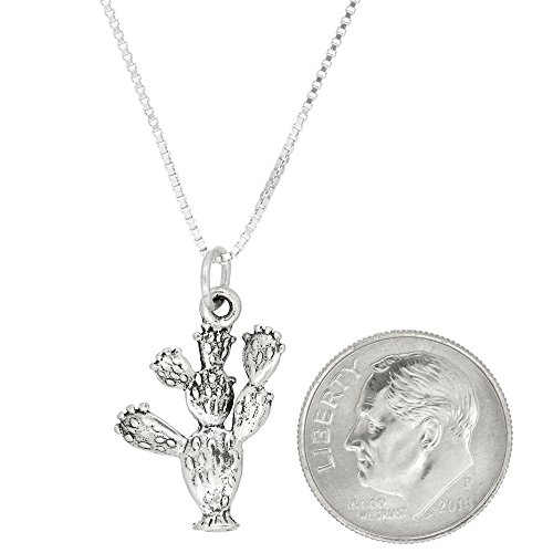Sterling Silver Oxidized Double Sided Prickly Pear Cactus Charm Pendant with Box Chain Necklace (30 Inches)