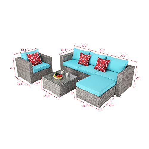 Do4U Patio Furniture Set 6-Piece Outdoor Lawn Backyard Poolside All Weather PE Wicker Rattan Steel Frame Sectional Cushioned Seat Sofa Conversation Set (Gray-Turquoise)