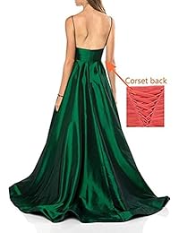 Vestido de baile de graduación con escote en V para mujer, largo 2019, línea A, satén, formal, con bolsillos