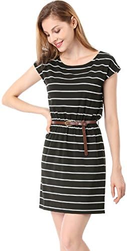 Allegra K Women's Boat Neck Elastic Waist Above Knee Belted Striped Dress