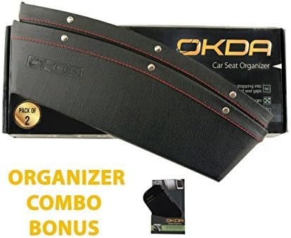 OKDA Car Seat Organizer Plus Gecko-Grip Anti-Slip Dashboard Mat. Organize Phones, Wires and Loose Items for Quick Access. Premium PU Leather (Black). Pack of 2
